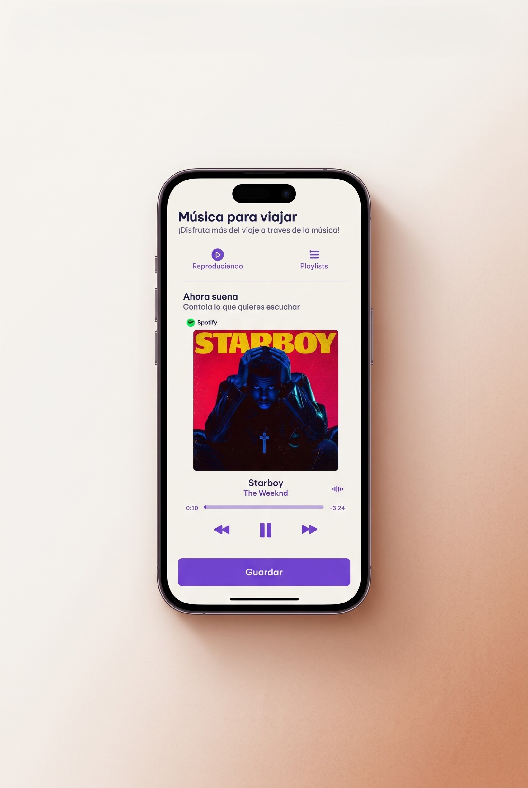 Hero shot — prototipo iPhone 14 mostrando la pantalla principal de Music Match con la playlist fusionada