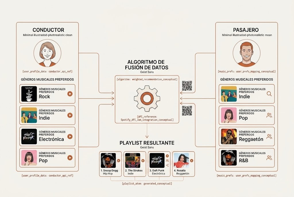 Diagrama del algoritmo de fusión: dos perfiles Spotify con géneros y artistas convergen en una playlist compartida