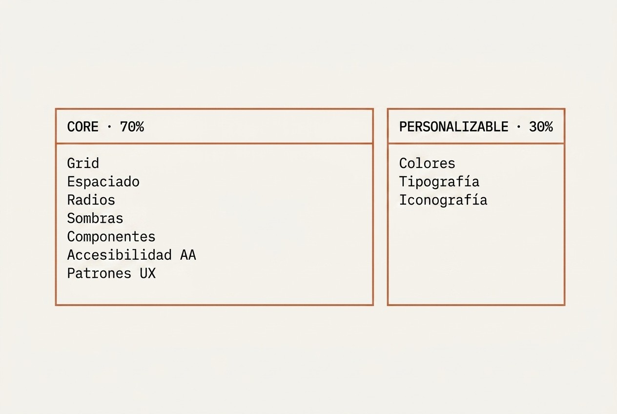 Diagrama 70/30 mostrando el core invariante vs los tokens personalizables