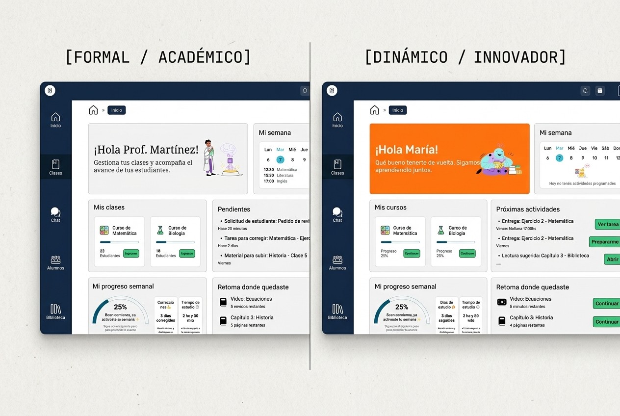 Misma UI aplicada con dos marcas distintas: una formal/académica y una dinámica/innovadora