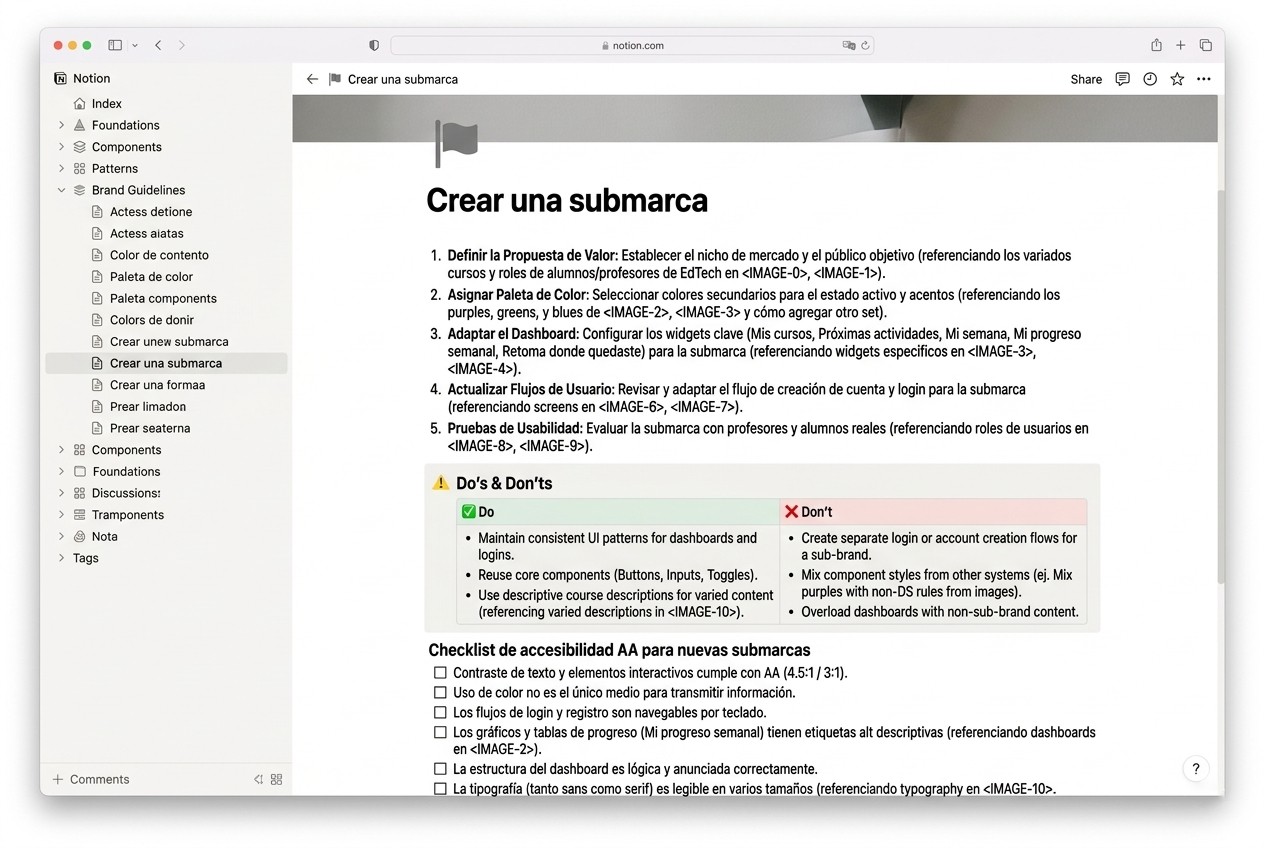Documentación del design system en Notion: guías, checklist de accesibilidad y proceso de creación de submarcas