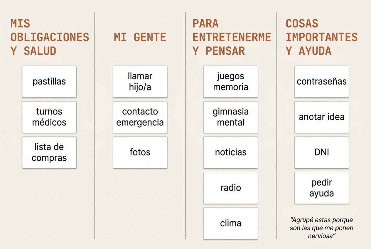 Card sorting documentado: 15 tarjetas de funcionalidades agrupadas por usuarios mayores en 4 categorías emocionales